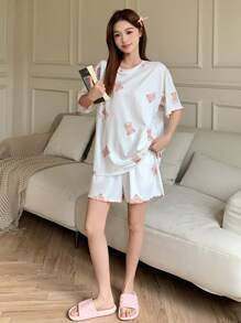 DAZY Women Cute Cartoon Pattern Allover Print Short Sleeve Shorts Pajamas Set