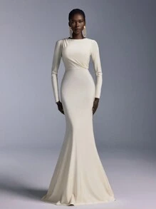 Elitara 优雅轻盈褶皱前露背长袖圆领鱼尾下摆伴娘礼服 - 香檳色 - 查看 2