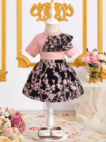 SHEIN Bộ váy xếp nếp thanh lịch in hoa cho bé gái và áo sơ mi tay ngắn, mùa hè - Hồng - Xem 7