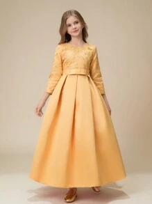 SHEIN 情人节新款少女长袖连衣裙女童公主裙派对连衣裙适合女学生圣诞节新年主持人礼服 - 香檳色 - 查看 3