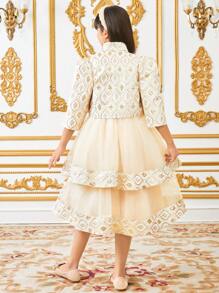 SHEIN مجموعة بنطلون وسترة قصيرة بكم 3/4 من السرج المخمل للفتيات المراهقات، جاكيت واقية بزر ماس بياقة طاقم أنيقة، وفستان شبكي بطبقات