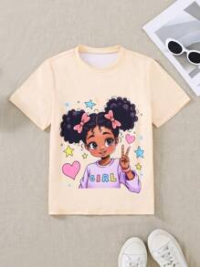 3pcs/Set Girls Summer Casual Round Neck Short Sleeve Printed Set - Pink - View 6