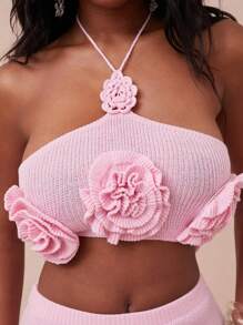 NYA SZN Top Spring Knit Floral Detail Halter Vacation Summer Festivals Easter Club Going Out Top Event Statement Valentines Day Carnival Outfits For Women