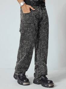 ROMWE MEN Street Life Jeans casuales con pierna recta y bolsillos con estampado de estrellas para hombres