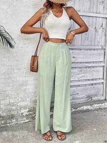 SHEIN LUNE Women's Solid Color Pleated Wide Leg Loose Casual Pants Fall Cloth For Women - Mint Blue - View 4