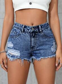 SHEIN PETITE 女式口袋做旧毛边休闲牛仔短裤 - 中等水洗藍 - 查看 6