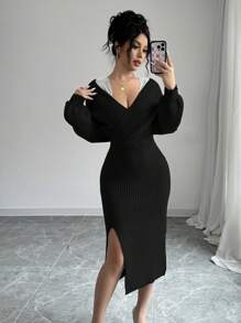 Chiquease 独特设计蕾丝边针织毛衣裙，优雅收腰 A 字中长裙