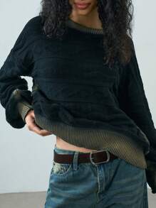 Muchica Women's Casual Drop Shoulder Color Block Crew Neck Sweater, Autumn/Winter - Olive Green - View 1