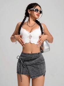 SHEIN EZwear 女士休闲水洗系带修身迷你牛仔半身裙 - 深灰色 - 查看 6