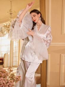 SHEIN 2 Pieces Ruffle Lace Splice Faux Silk Sleepwear Set - White - View 5