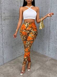 BamGleam Quần legging bó sát họa tiết da báo đỏ họa tiết kỹ thuật số gợi cảm cho trang phục thường ngày/ở nhà - Màu vàng - Xem 5