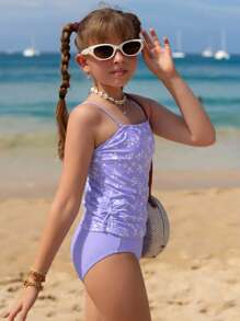 SHEIN Tween Girl Ditsy Floral Ruffle 吊带比基尼泳装，随机印花