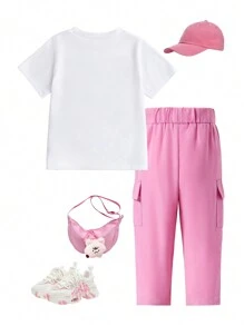 Conjunto de camiseta de manga corta de cuello redondo con estampado de leopardo y labios + pantalones largos a juego, estilo casual y elegante para niñas, adecuado para el verano