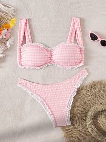Swim Mod Summer Fashion Sweet Pink Quality Fabric Ruffled Design Viral Women's Bikini, For Party - Pink - View 4