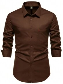Calvornis Men's Solid Color Single-Breasted Pocket Casual Long Sleeve Shirt, Dark Brown Shirt, Rust Color Men's Shirt, Fall - Coffee Brown - View 3