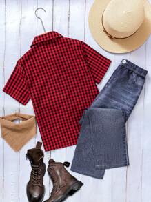 Tween Boys 2pcs Sets, New Styles For Spring And Summer Wildeya. Fashionable Casual Gentleman Plaid Shirt With Distressed Black Denim Jeans 2 Pieces Outfit, Suitable For Outdoor Activities And Daily Wear