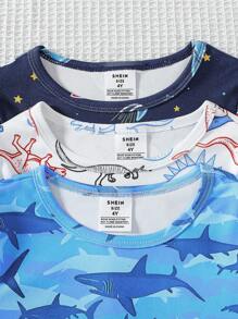 6pcs/Set Young Boy Cartoon Galaxy & Ocean Animal Print Snug Fit T-Shirt And Shorts Pajama Set