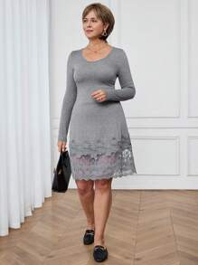 SHEIN LUNE 女士纯色蕾丝拼布长袖休闲迷你连衣裙 - 灰色 - 查看 3