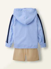 SHEIN Casuvi Kids 2pcs Boys Casual School Blue & White Striped Hoodie Shirt Matching Khaki Shorts Set, Suitable For Spring/Summer School, Playtime And Daily Wear - Multicolor - View 7