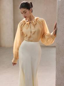SHEIN Unity Französisches romantisches Satin-Kragen, doppellagiger Rüschenbesatz, Krawattenhals, langärmeliges Midi-Bluse-Top, Damen-Frühlings-Oberbekleidung - Gelb - Übersicht 2
