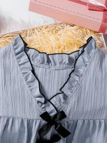 Girls' Simple Fashionable Light Blue Solid Color Bow Decorated Short Sleeve Nightgown Loungewear Youth Girl Clothes Youth Girls Clothes Young Girls Clothing Sets Short Sleeve Girl Dresses Elegant Casual - Blue - View 6