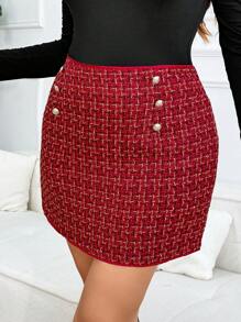 SHEIN Frenchy Plus Size Casual Commute Plaid Decor Button Skirt - Burgundy - View 7
