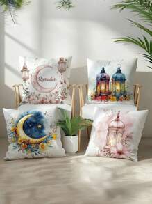 4 Packs Ramadan Themed Hand-Painted Illustration Peach Skin Velvet Throw Pillow Covers, Single-Sided Print, Contemporary Style, Hypoallergenic, Machine Washable, Zipper Closure, Woven Polyester, 17.71x17.71 Inches - Decorative Cushion Covers For Various Room Types, Pillow Inserts Not Included - Multicolor - View 2