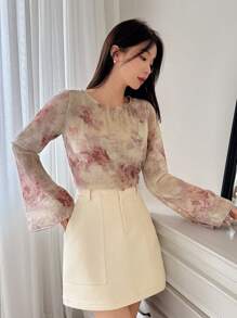 DAZY Women's Textured Floral Print Flare Sleeve Casual Blouse For Holiday, Spring & Summer Sheer Long Sleeve Top - Pink - View 5