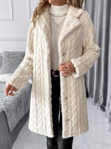 SHEIN Clasi Women's Textured Fleece Jacket Solid Colored Front Button Winter Long Coat Fleece Jacket