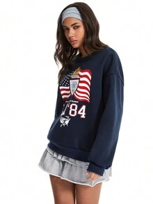 SHEIN Unity 女式宽松休闲美国国旗和字母印花羊毛圆领运动衫 - 藏蓝色 - 查看 5