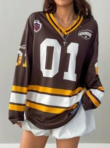 Coolane 女士秋冬休闲运动装数字图案大码长袖平纹 T 恤 - 彩色 - 查看 7