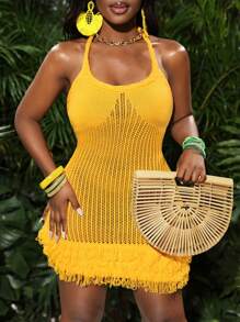 Slaydiva Elegant Summer Resort Beach Sleeveless Tassel Hollow Out Knit Mini Dress-B - Yellow - View 2