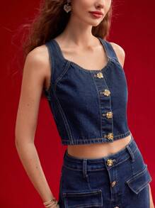 MOTF PREMIUM FLORAL BUTTON FRONT CROP DENIM TOP,SPRING/SUMMER - Navy Blue - View 5