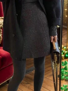 Plus Size Sparkling Sequin Knit Elastic Waist A-Line Black Mini Skirt - Multicolor - View 5