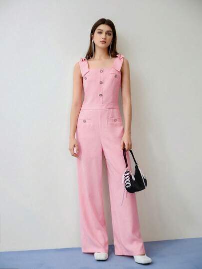 MOTF STUDIO 水钻纽扣装饰宽腿连体裤，情人节装