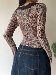 SHEIN EZwear Áo nữ tay dài phối ren buộc dây, kiểu dáng thường ngày, thích hợp mặc hàng ngày. - màu nâu - Xem 2