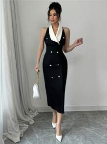 Elenzga Elegant Office Commute Party Cocktail Dress With Color-Blocking - Black - View 4