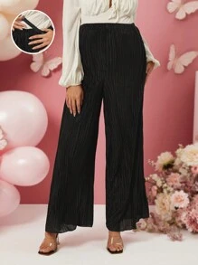 SHEIN 情人节孕妇高腰百褶裤 - 黑色 - 查看 1