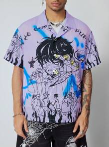 ROMWE MEN Anime 男士日本动漫人物印花短袖衬衫 - 彩色 - 查看 7
