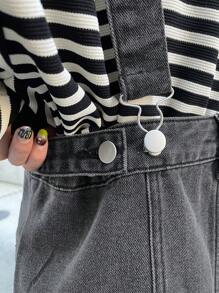 FRIFUL 女士灰色直筒牛仔连身裤工装裤连衣裙，春季 - 灰色 - 查看 6