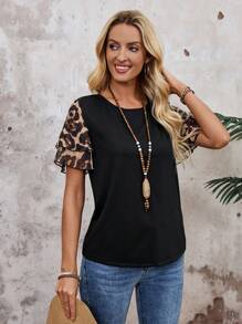 EMERY ROSE Summer Tops Leopard Print/Cheetah Print Patchwork Pleated Sleeve Women's Boho T-Shirt