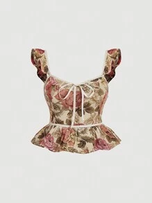 SHEIN MOD Plus Size Women's Vintage Palace Jacquard Romantic Velvet Lace-Up Ruffle Trim Blouse.70S - Multicolor - View 1