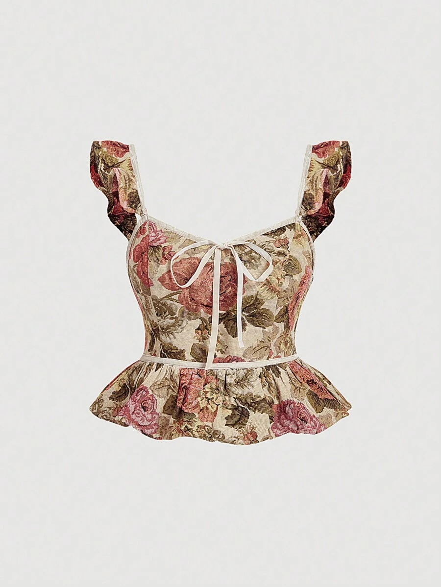 SHEIN MOD Plus Size Women's Vintage Palace Jacquard Romantic Velvet Lace-Up Ruffle Trim Blouse.70S - Multicolor - View 1