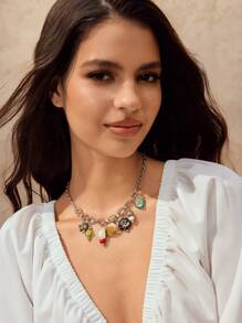 SHEIN BAE 贝壳与蝴蝶吊坠项链，度假风格休闲 - 彩色 - 查看 4