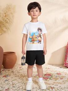2pcs Boys' Summer Casual T-Shirt & Shorts Set, Soft Fabric, Minimalist Fashion - Black and White - View 1