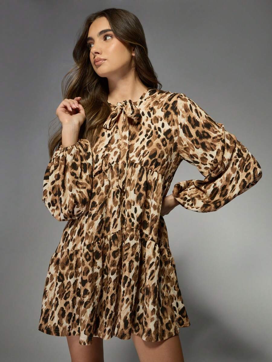MISSGUIDED Leopard Print Tie Neck Babydoll Mini Dress Puff Sleeve Tiered Ruffle Fall Winter Spring Party Date Night Fashion Boho Chic Empire Waist - Multicolor - View 1