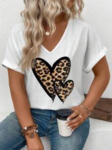 INAWLY Plus Size V-hals Korte Mouw Omslag Manchet Luipaard Print & Hart Grafisch Casual Veelzijdig T-shirt, Lente/Zomer