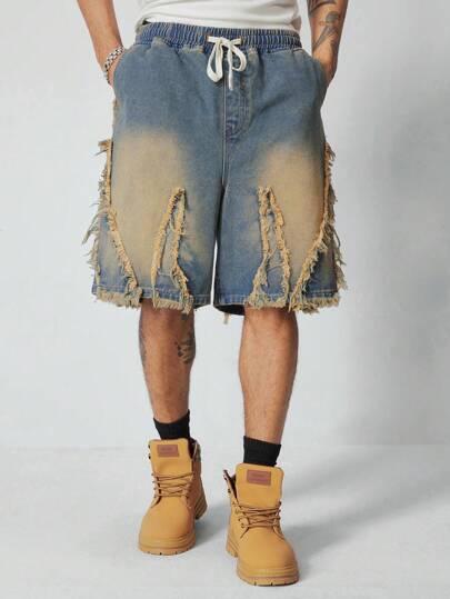 Street Life Herren Lässig Jeans Shorts mit Vorderbindung, Tasche und ausgefranstem Rand