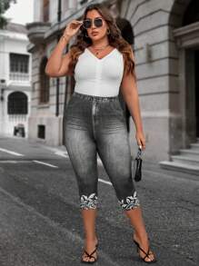 EMERY ROSE Plus Denim-Effect & Floral Print Summer Outfits Leggings - Dark Grey - View 3