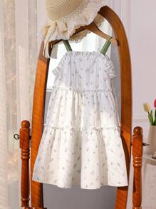 Souflis Souflis 年轻女孩数码印花花卉装饰荷叶边下摆细肩带 A 字形连衣裙，休闲海滩度假派对装，夏季 - 白色 - 查看 2